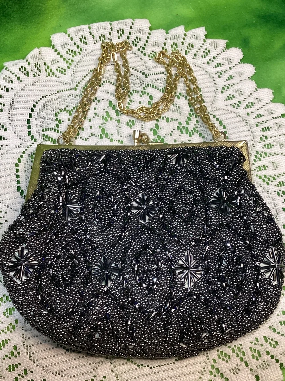 Vintage Black Beaded Evening Clutch with Gold Chain Handmade Hong Kong Kiss Lock